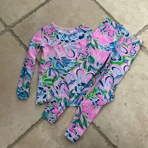 Lilly Pulitzer Girls 4 Pajama Set Pink Blue Green Floral Print Size 4
